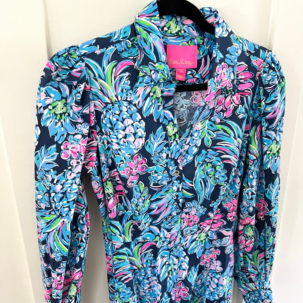 Lilly Pulitzer Mira Stretch Midi Shirt Dress in High Tide Navy Blue Size 2 - Picture 5 of 8